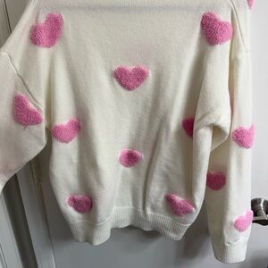 Cozy White Sweater with Pink Heart Accents-Size M